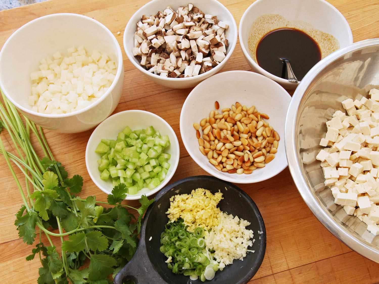 Overhead image of all the ingredients needed to make the filling for the lettuce cups.