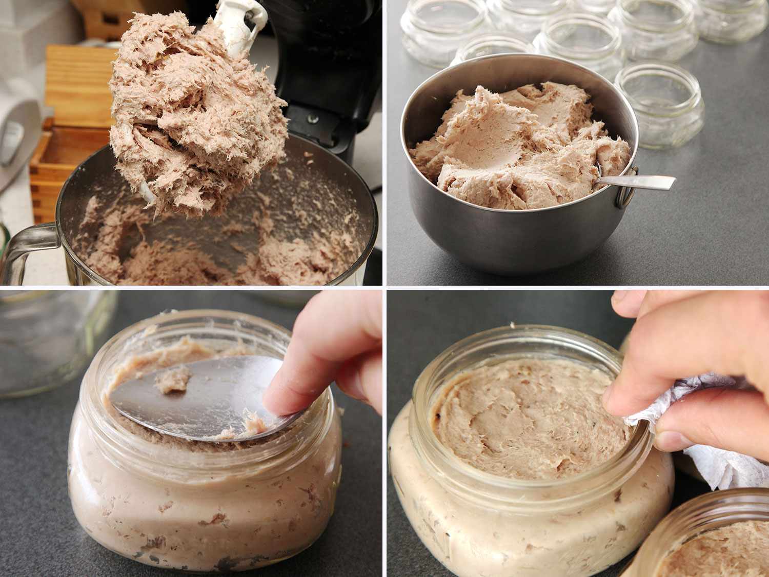 Collage of freshly whipped pork rillettes in a stand mixer, transferred to a mixing bowl, smoothed out in quarter-pint canning jars, and then wiping the rim of the jar with a paper towel.
