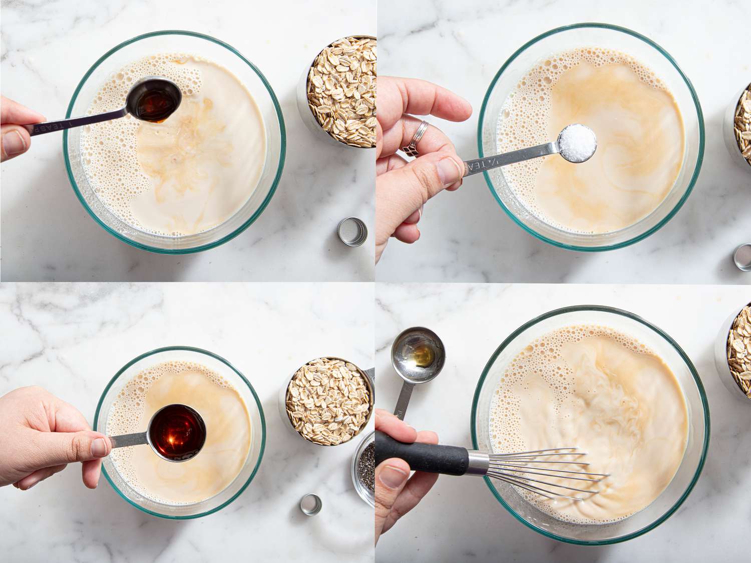 Four image collage of adding ingredients for overnight oats