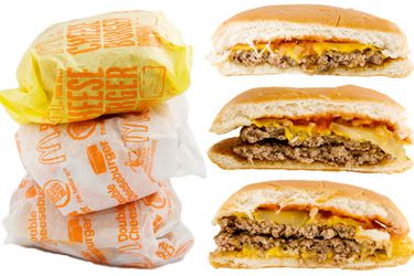 The McDonald's cheeseburger, double cheeseburger, and McDouble: individually wrapped and stacked and cross-section view of each unwrapped 