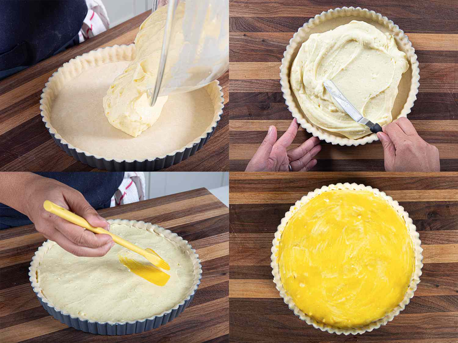 Four Image collage of filling being added to crust, smoothed with an offset spatula, and covered in eg wash.