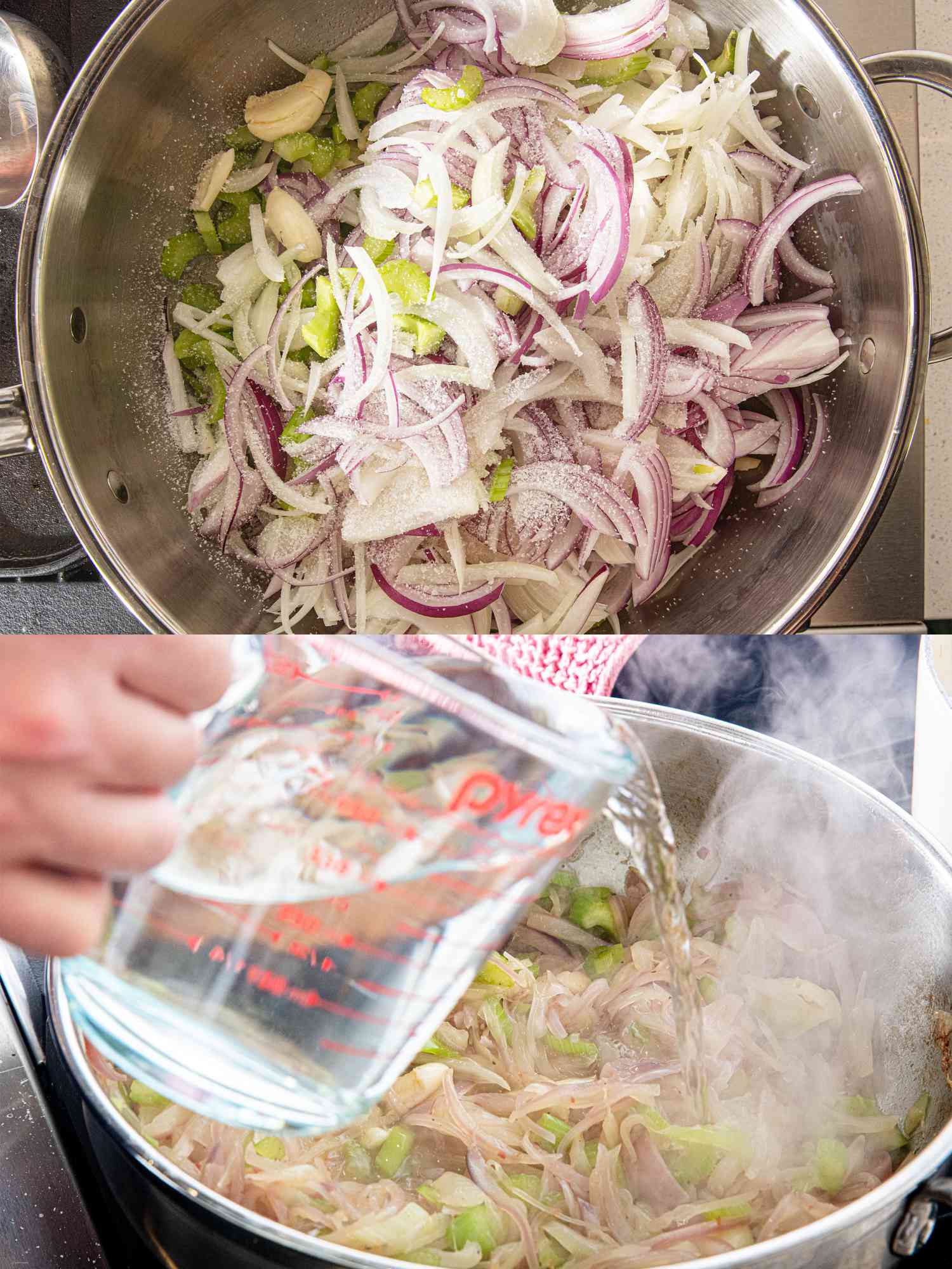 Two image collage of cooking down onions and garlic 