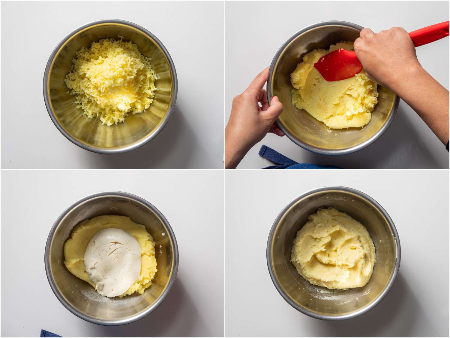 combining riced potatoes and bechamel sauce