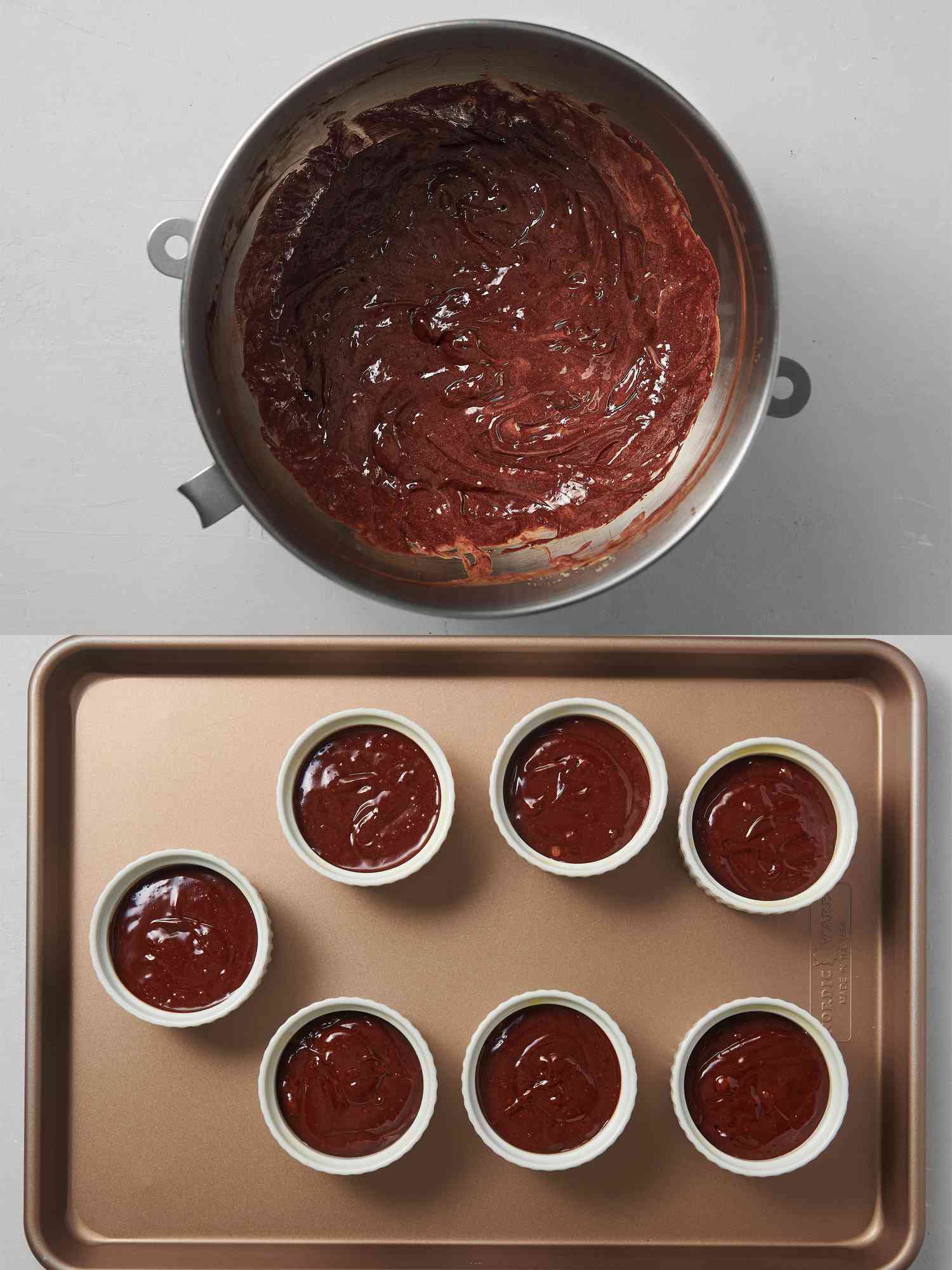 Chocolate mixture mixed into egg mixture until combined inside bowl, and batter spooned into ramekins