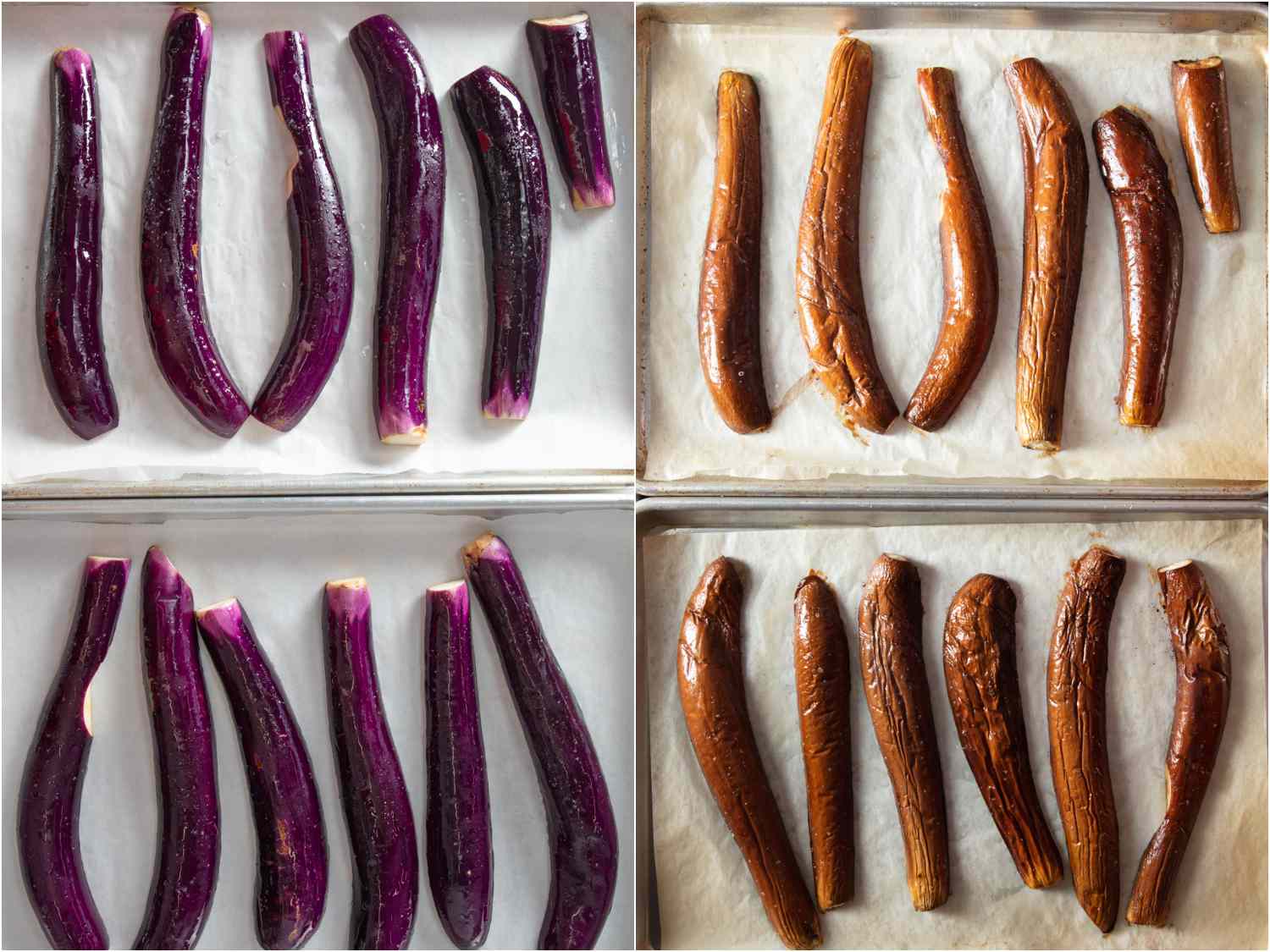 Collage of roasted eggplant on parchment-lined baking sheets