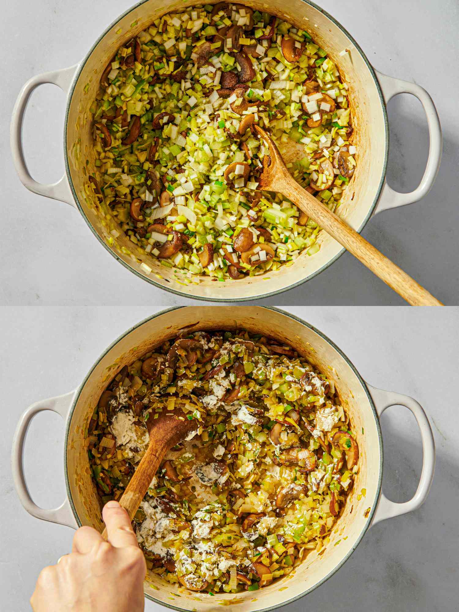 Twostep collage of preparing mushroom and dumpling soup in a pot showing sauted vegetables and adding ingredients