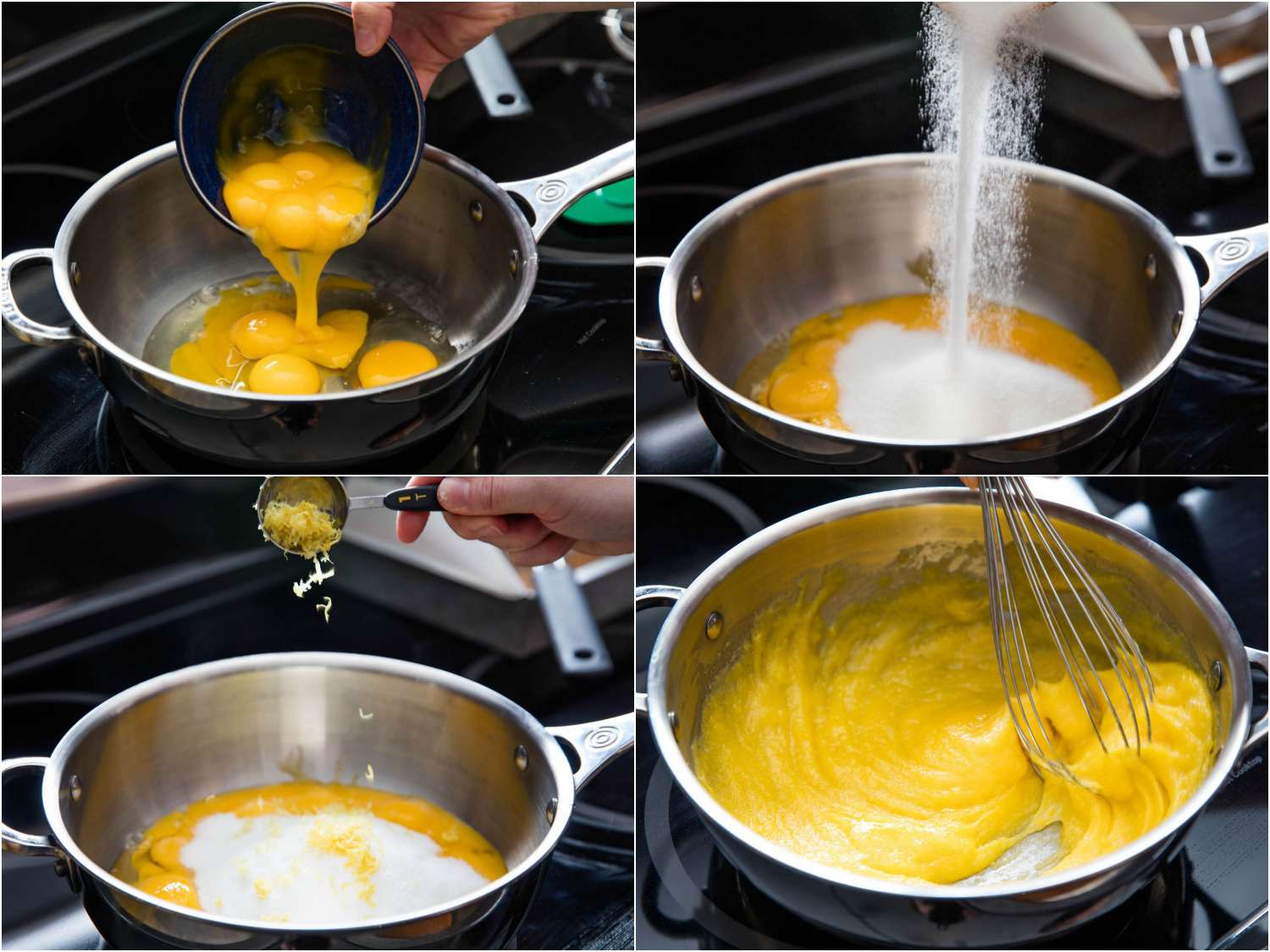 Photo collage showing whisking eggs, sugar, and lemon zest together in a saucier on the stovetop to make lemon bar filling.