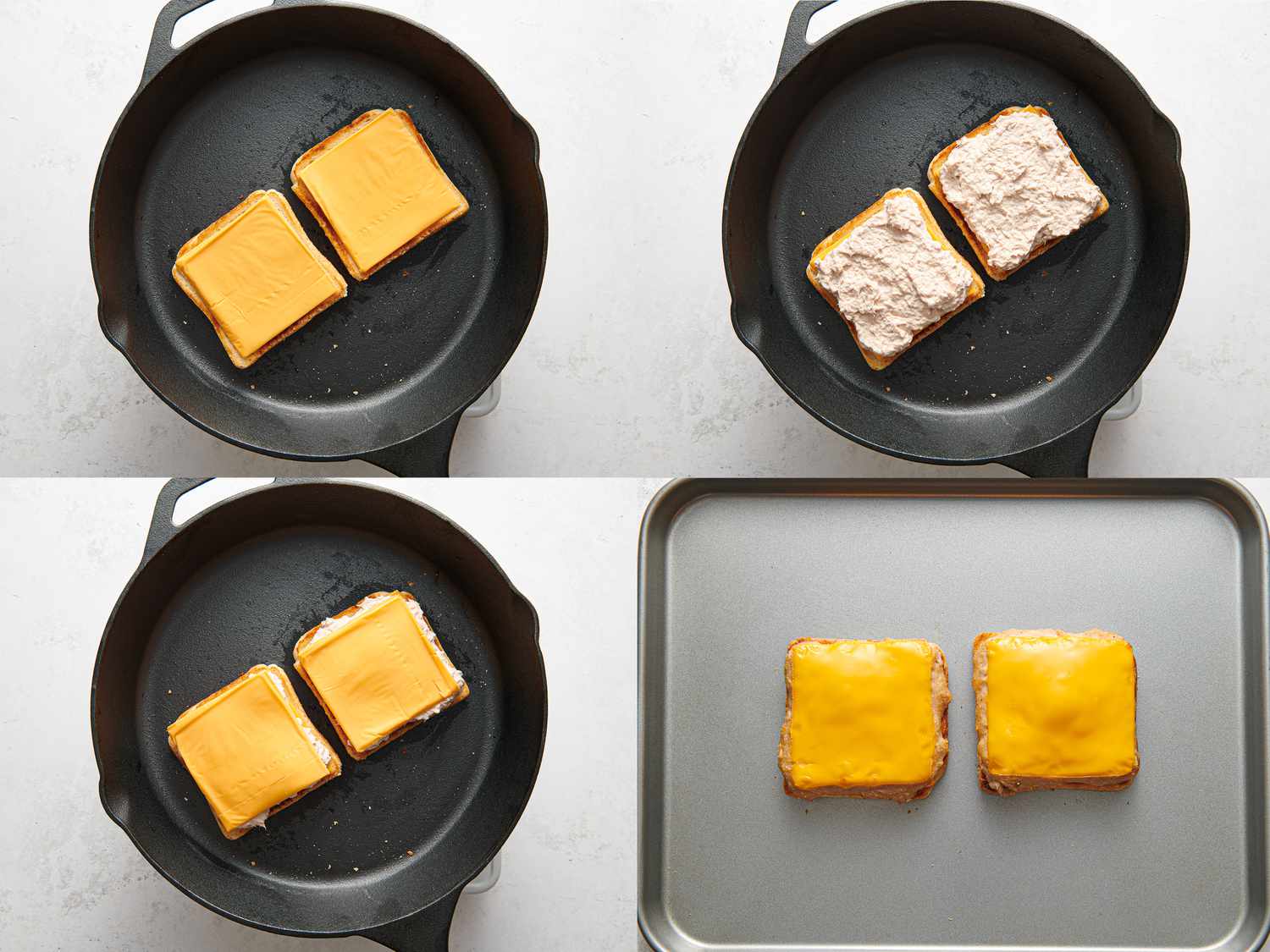 One slice of cheese laid on top of bread slices, tuna salad spread in an even layer on top of each cheese slice, and sandwich broiled until cheese is well melted on baking sheet