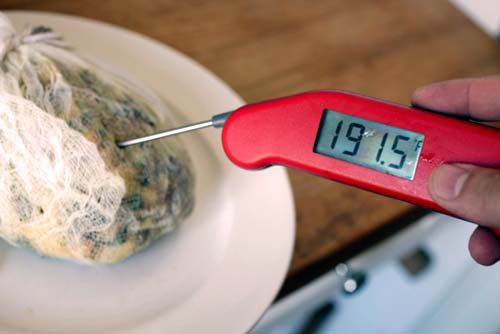 Stuffing pouch registering 191.5F degrees on digital thermometer