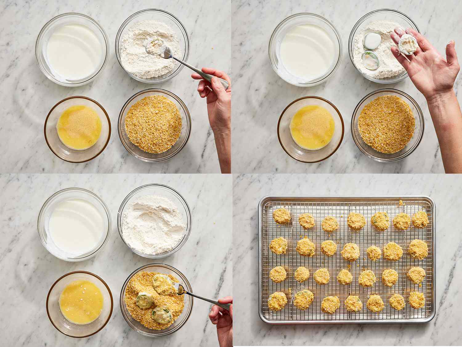 Four Image Collage showing the step by step process of coating the jalapeno rings for baking