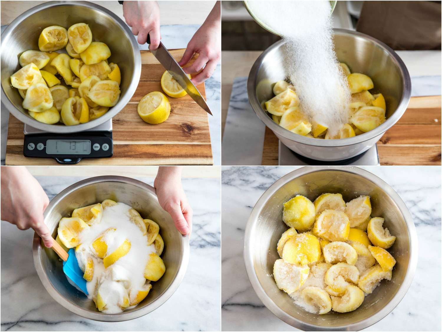 From top right, lemon rinds in a bowl, adding sugar, stirring, and resting.