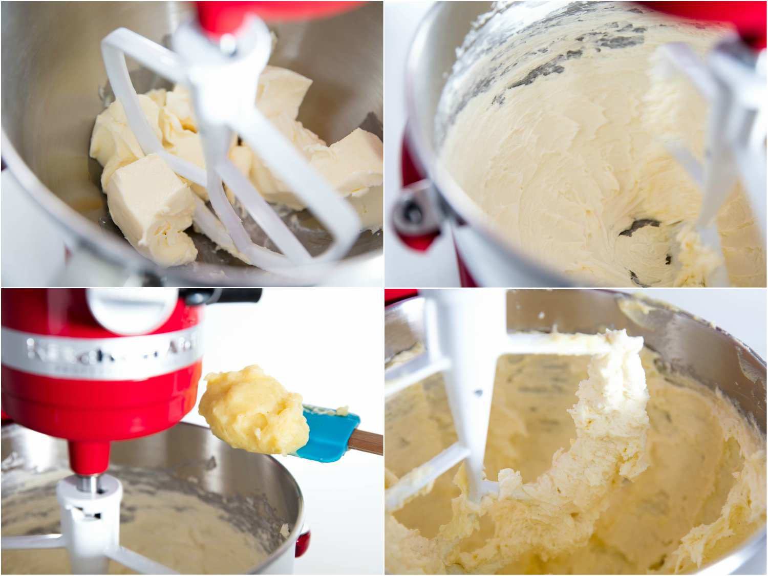Collage of beating butter and vanilla custard to make German buttercream.