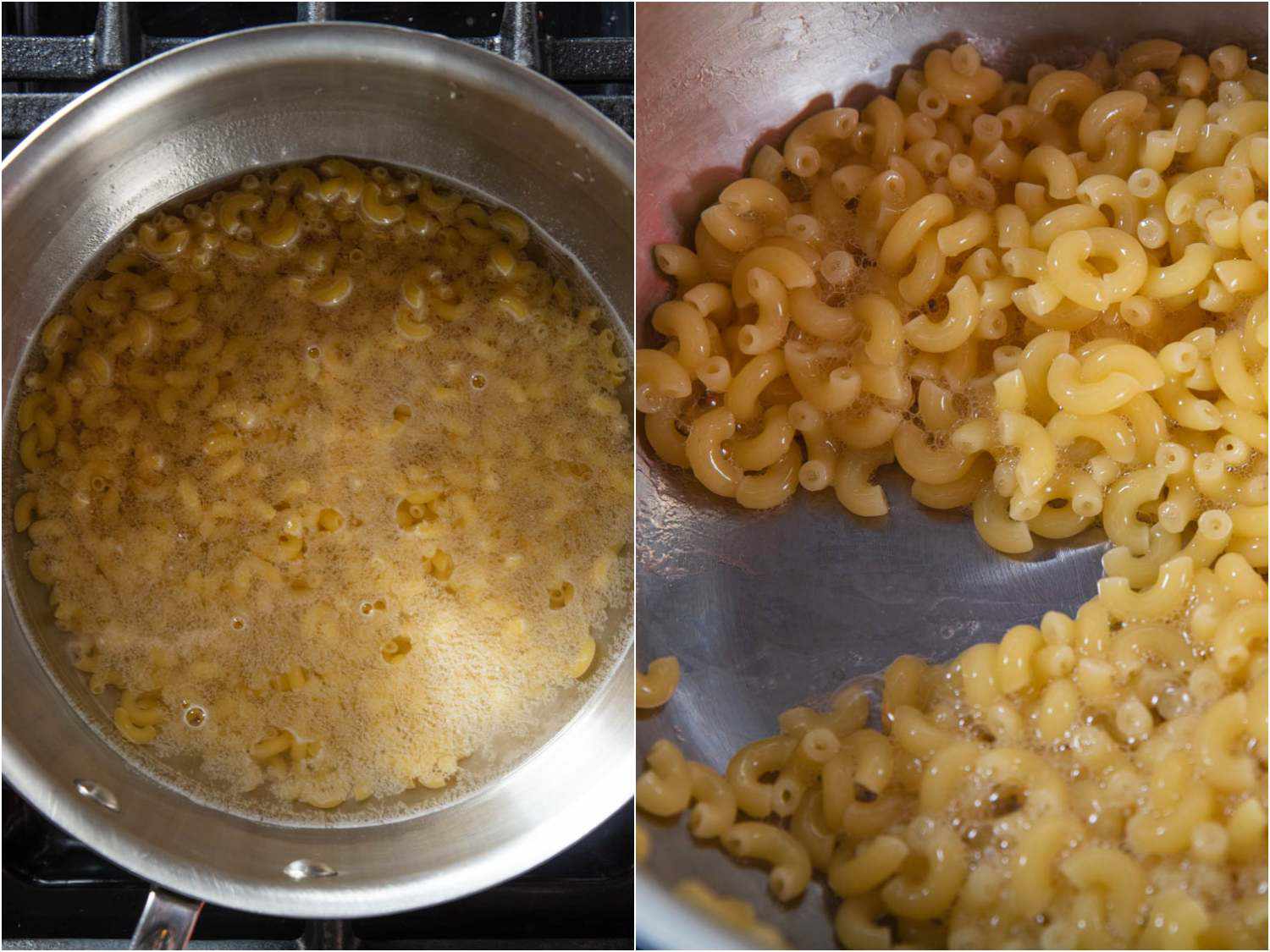 Side by side images: On the left, macaroni in a pot. On the right, closed up of the cooked macaroni. 