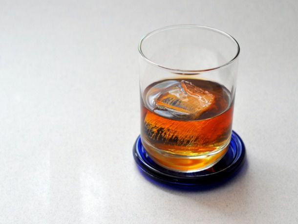 A Toronto in a rocks-style class with a single large ice cube. The Toronto is a cocktail made with Fernet Branca. 