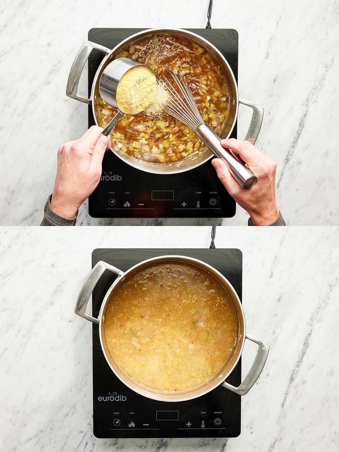 Two image collage of polenta being added and thickening in saucepan 