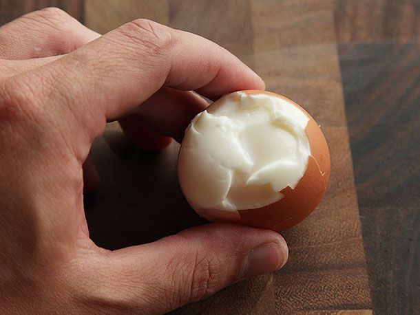 Sous vide soft-boiled egg with egg shell cracked