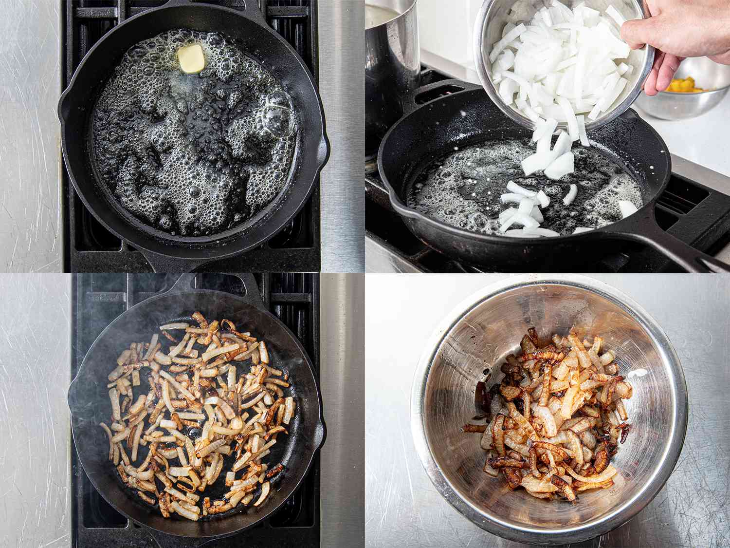 Collage of butter melting in a cast iron skillet, onions being added to cast iron skillet, onions browning in cast iron skillet, and browned onions in metal bowl