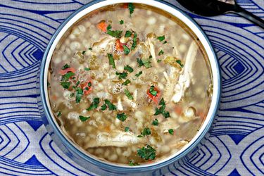overhead shot of a bowl of slow cooker turkey soup