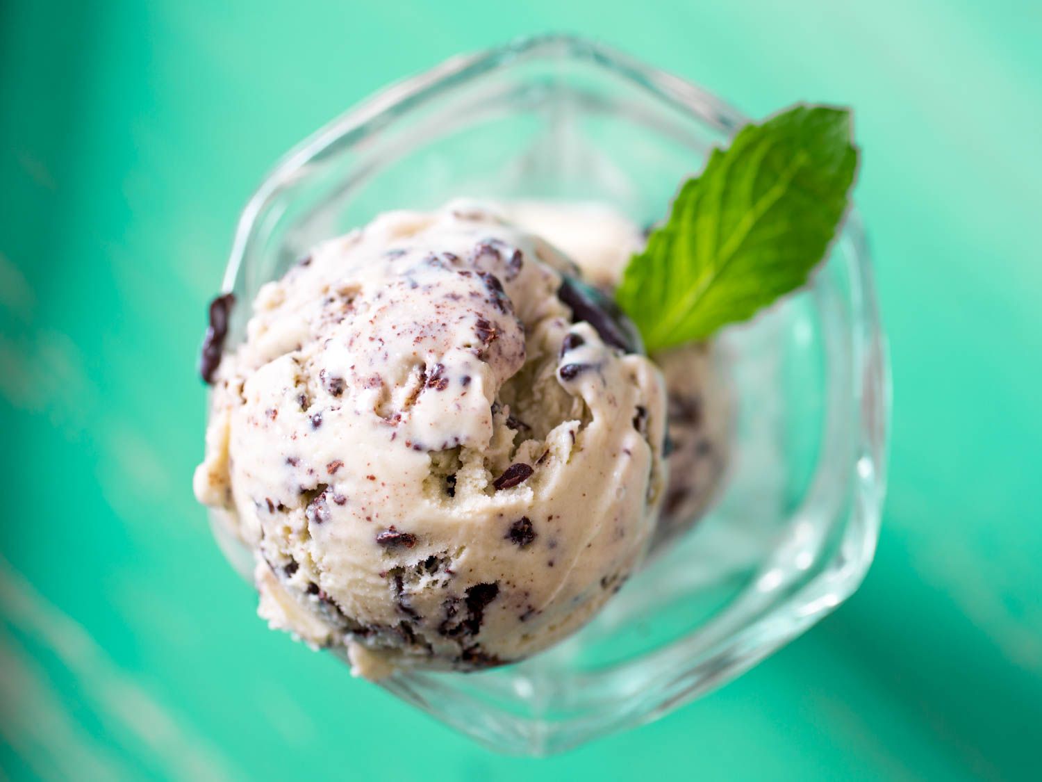 A dish with two scoops of homemade mint chocolate chip ice cream. 