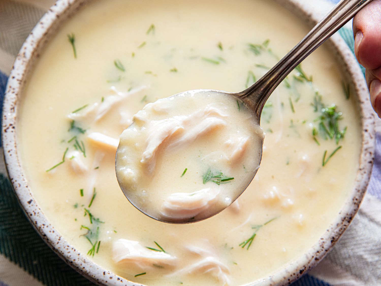 A bowl of avgolemono soup with chicken pieces on a spoon garnished with herbs