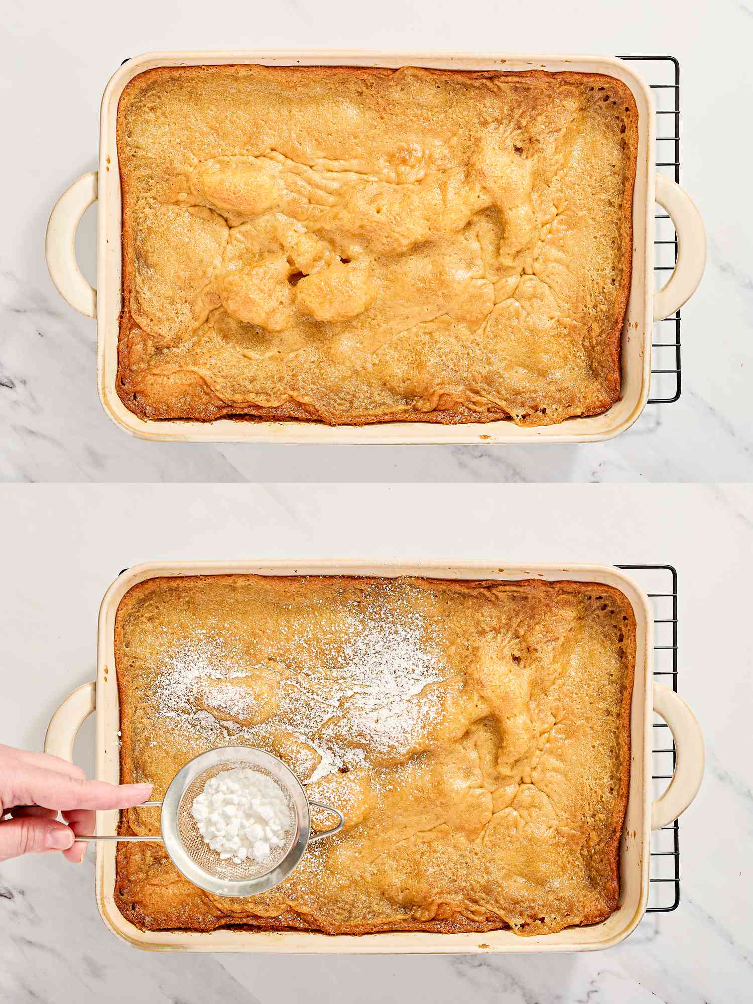 Steps of adding powdered sugar to a baked gooey butter cake
