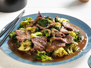 Plate of stir-fried Chinese broccoli beef