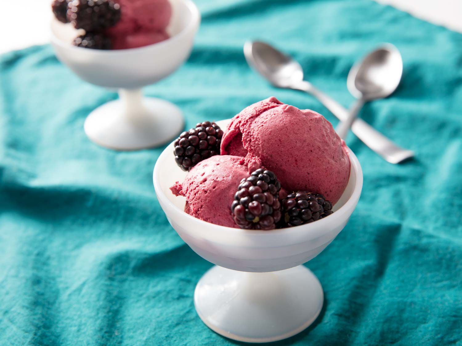 Two dishes of blackberry ice cream, garnished with fresh blackberries.