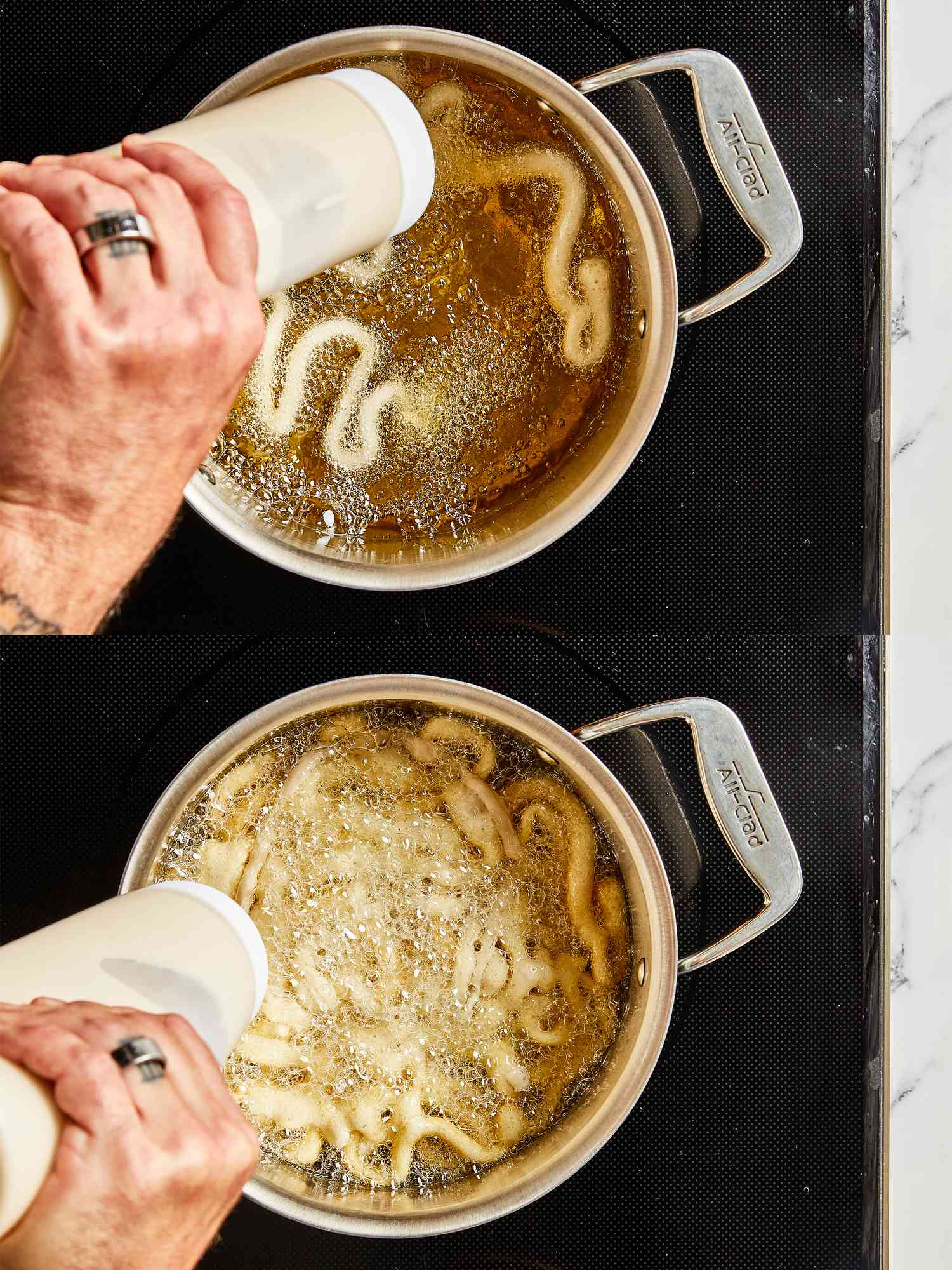 Two image collage of using a squirt bottle to fry batter