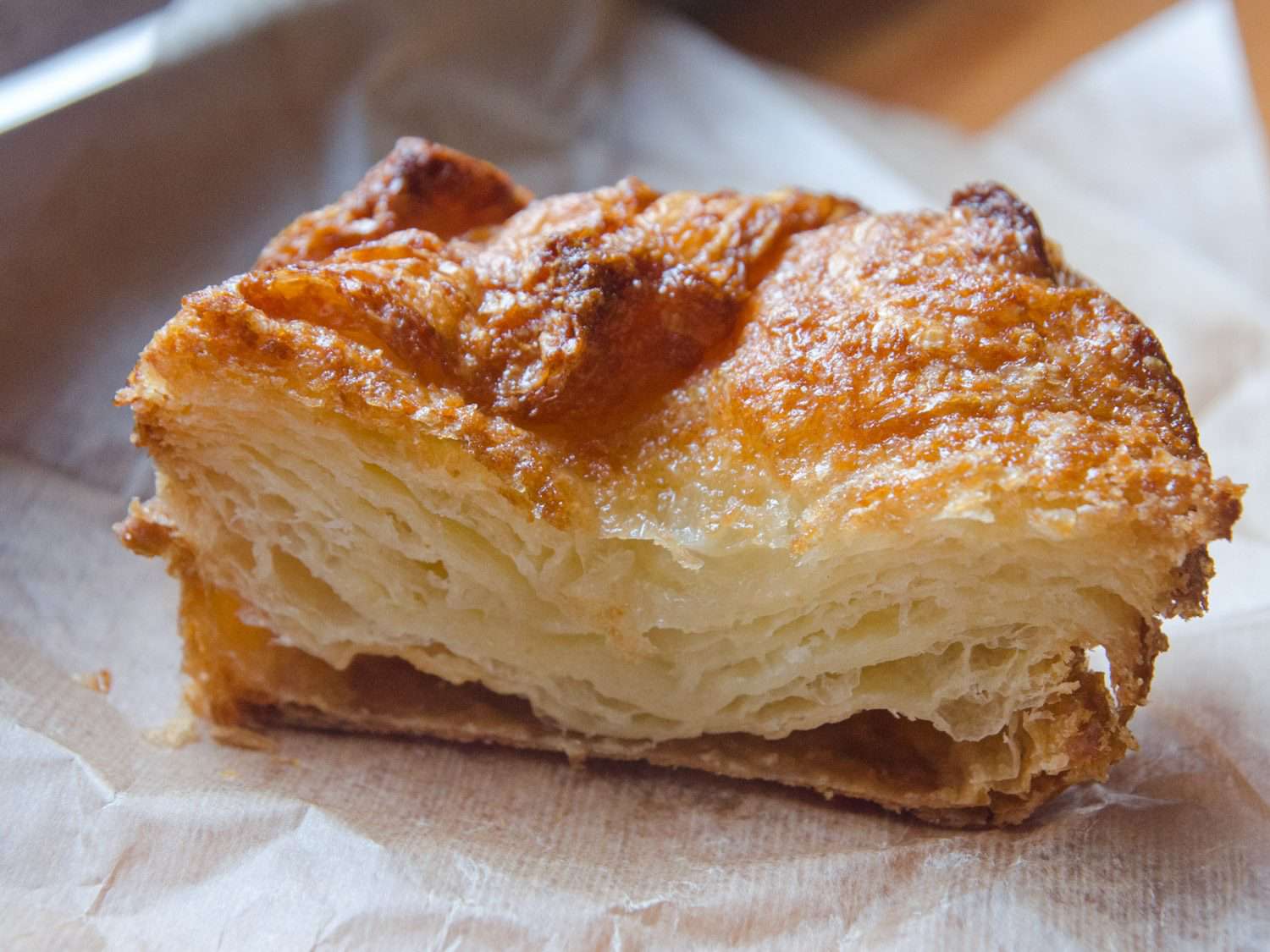 Cross section of kouign amann pastry.