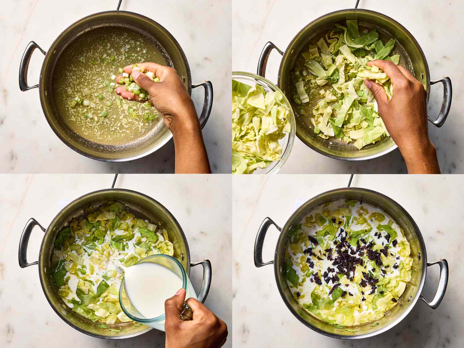 4 image collage. Top left: adding scallions to saucepans. Top right: adding cabbage into saucepan. Bottom left: adding milk. Bottom Right: adding seaweed into saucepan 
