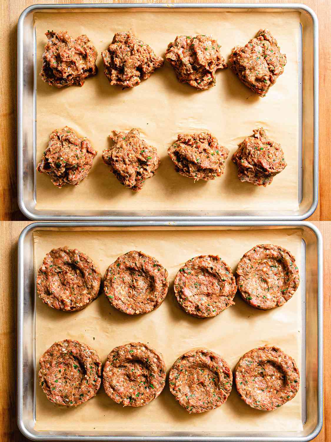 Two image collage showing the before and after shaping of the los kebabs on a parchment lined baking tray