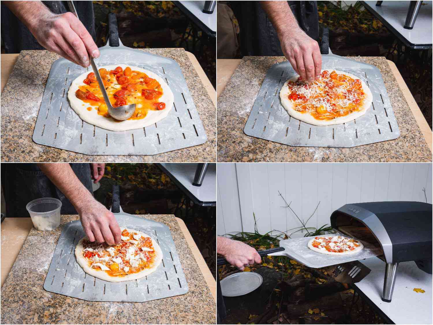 Collage showing topping stretched pizza dough with burst cherry tomato sauce and cheese