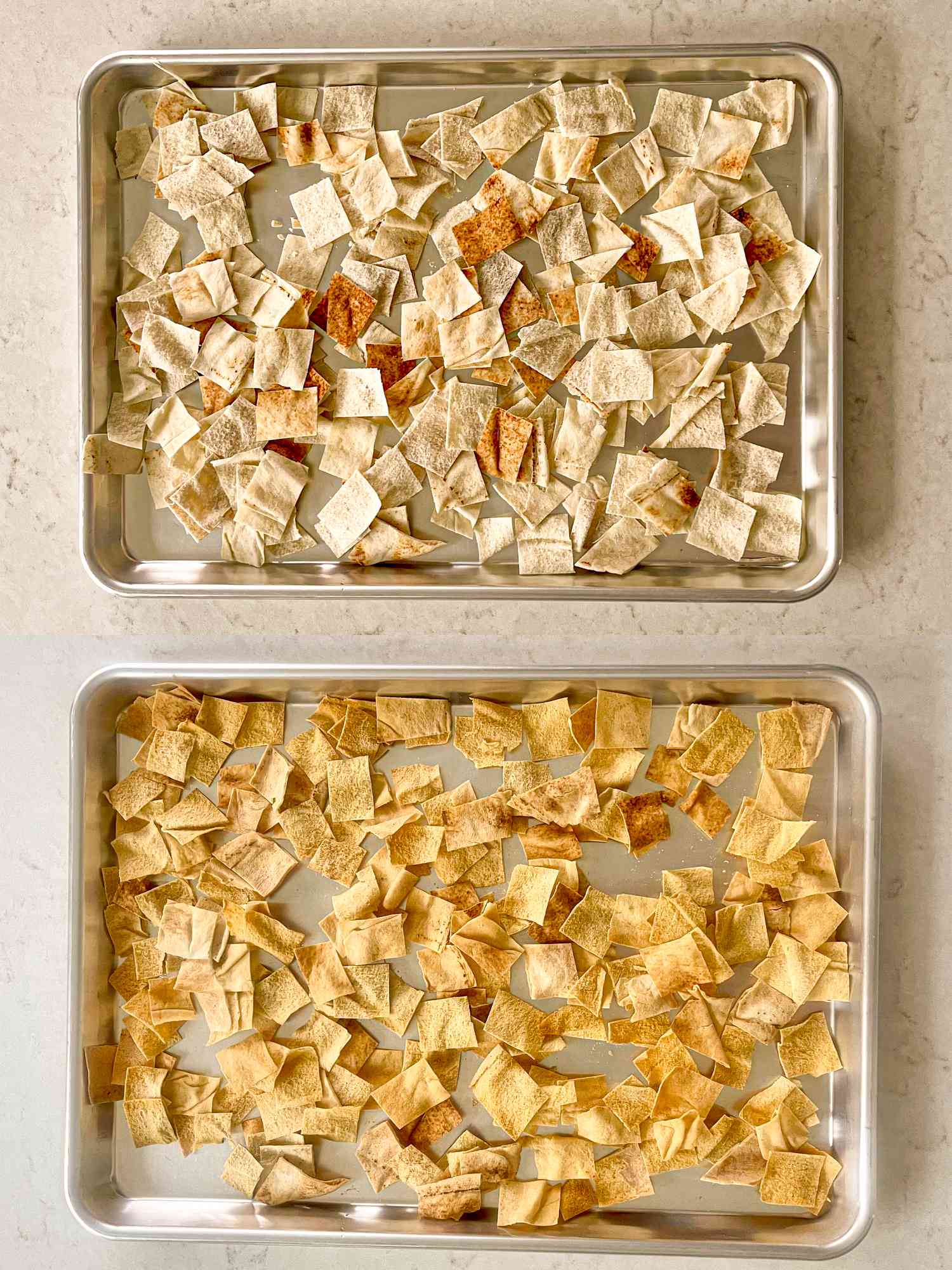 Overhead view of pita chips before and after being cooked