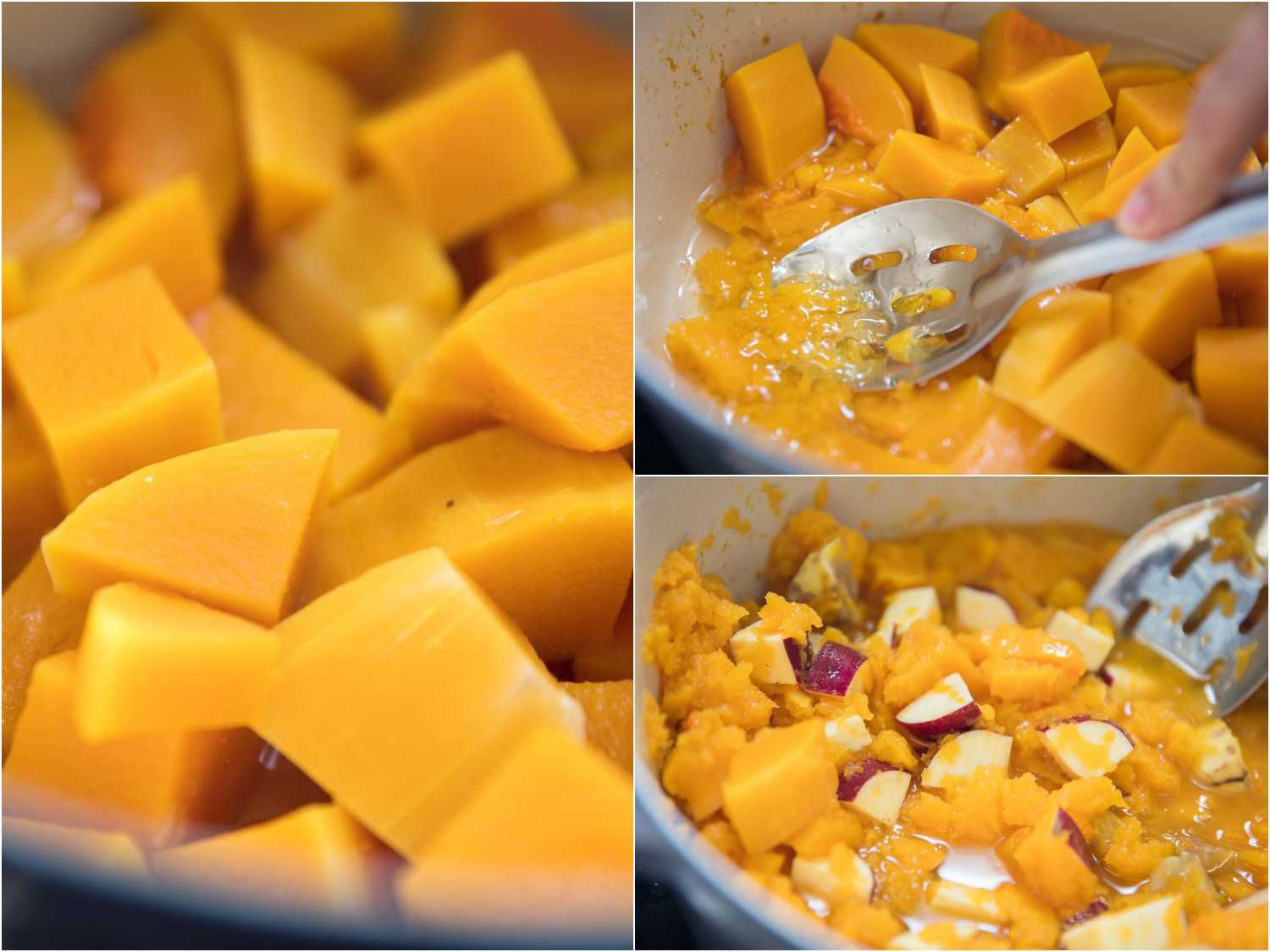 A 3-image collage: close-up of squash cubes in a Dutch oven, mashing the cubes with a slotted spoon and adding the sweet potato into the same pot.