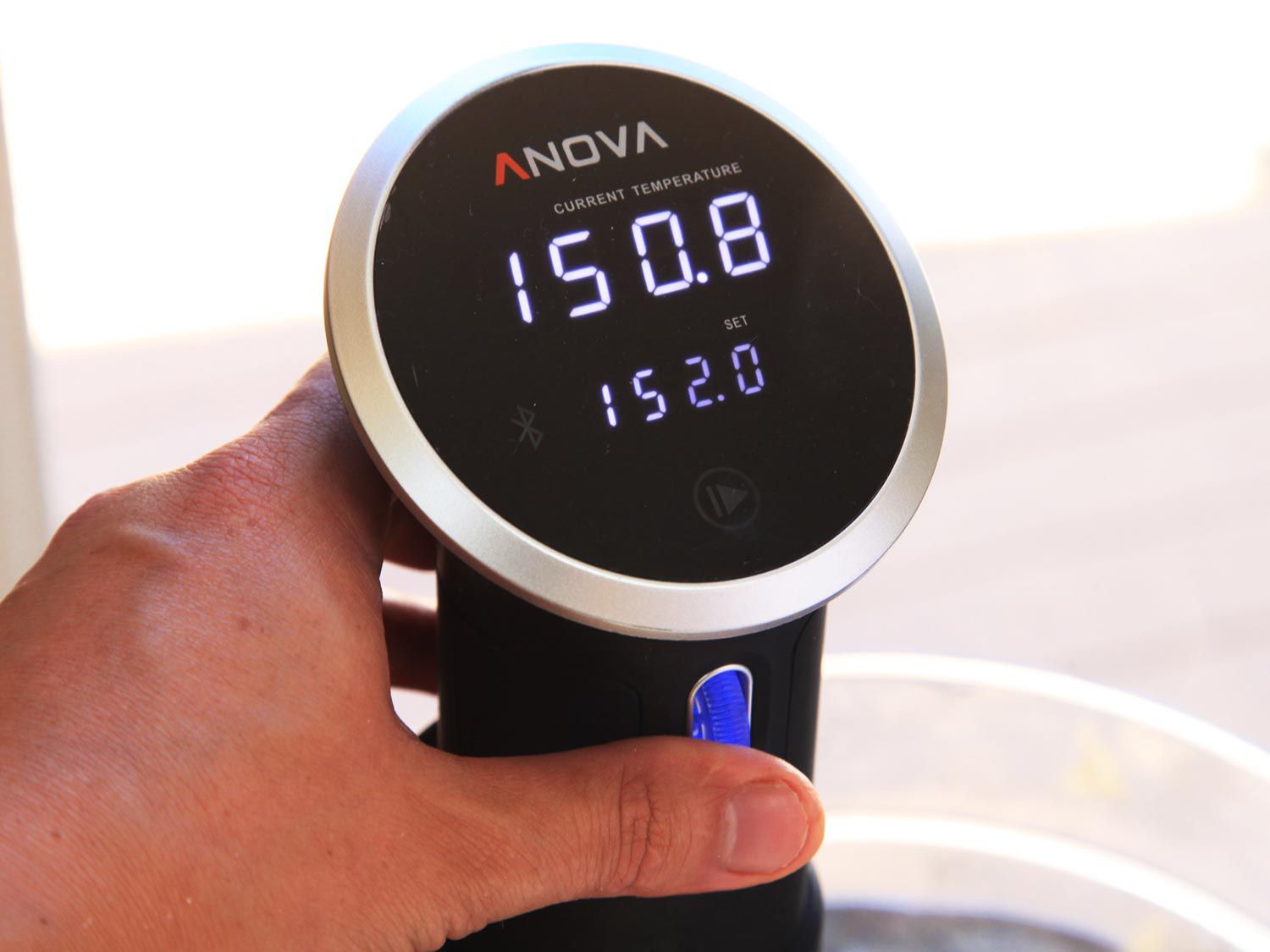 The temperature being set to 150 degrees Fahrenheit for the sous vide pork ribs on Anova immersion circulator.