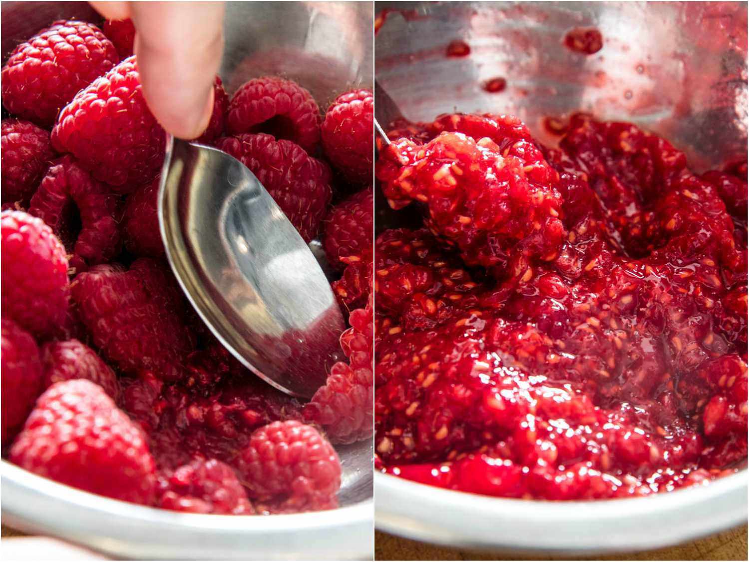 A 2-image collage: mashing fresh raspberries in a metal bowl with the back of a spoon.