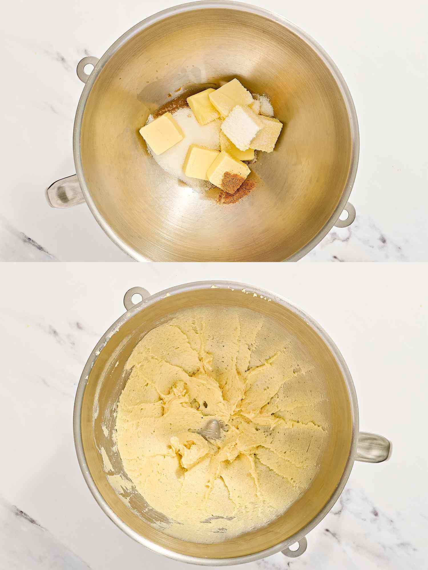 Steps showing butter and sugar creamed together in a mixing bowl for a recipe