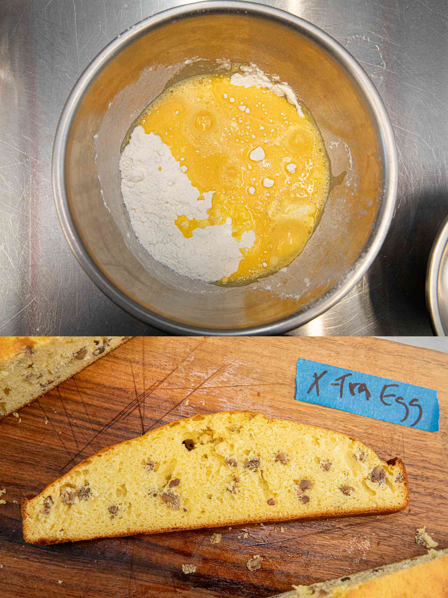 Two image collage of before and after adding an extra egg to cake batter