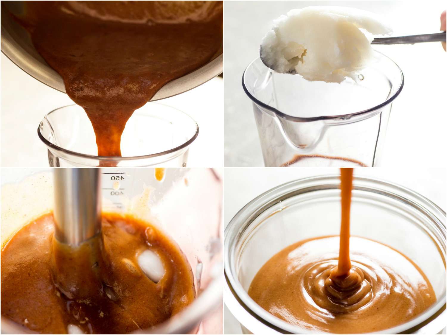 Collage of cookie butter being made in a food processor: the cookie-water mixture is being poured into the food processor, followed by a spoonful of coconut oil and processed until smooth before being poured into a glass jar.