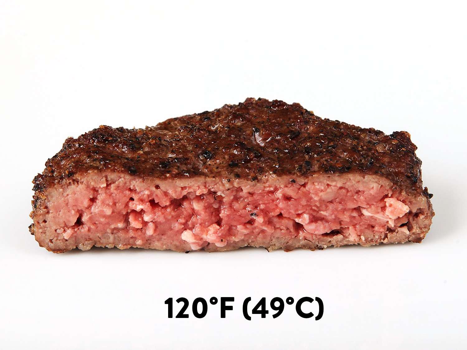 A sous vide hamburger cooked to 120F (rare) and cut in half to reveal very red center.