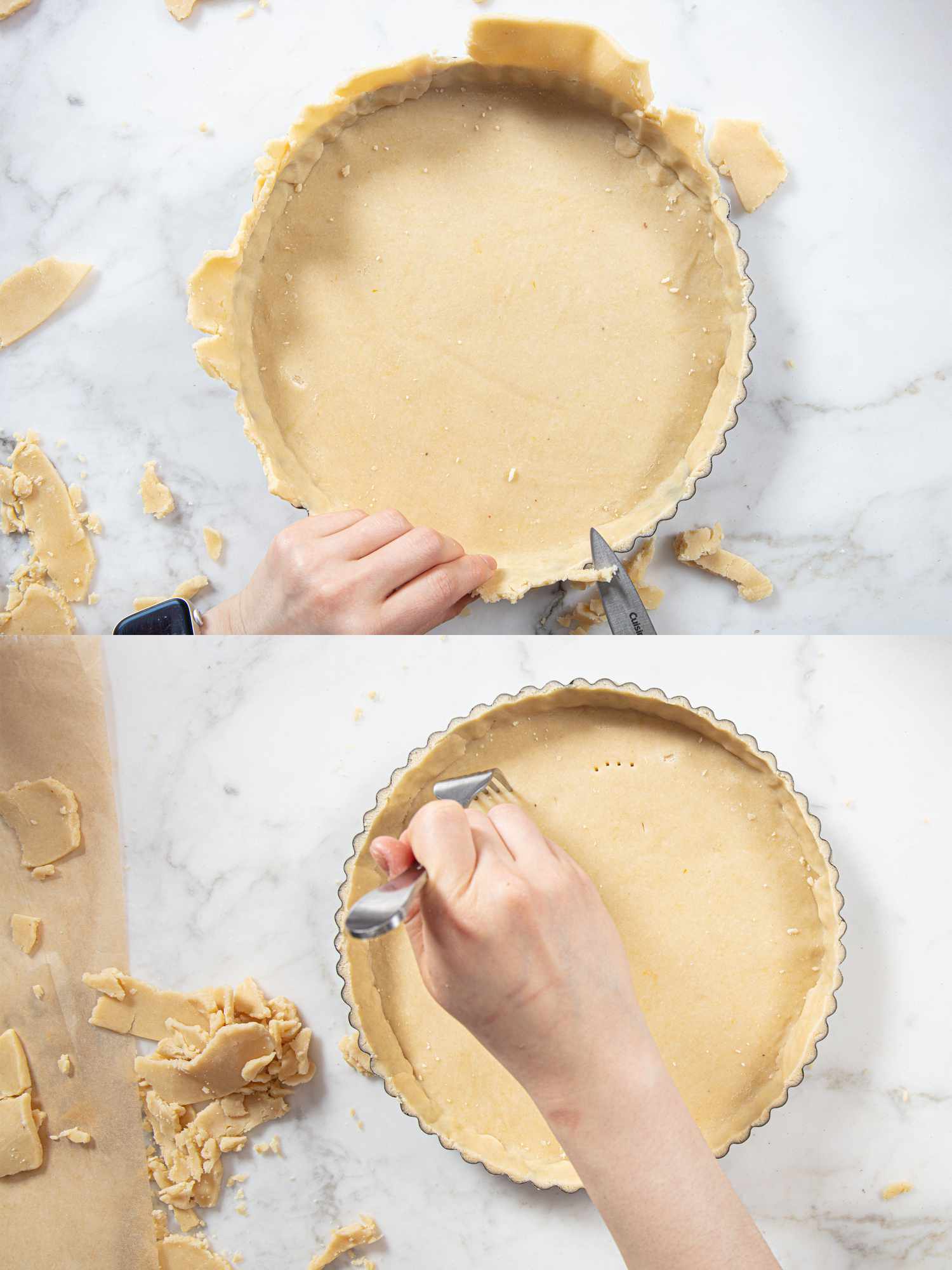 Overhead view of trimming and poking with fork