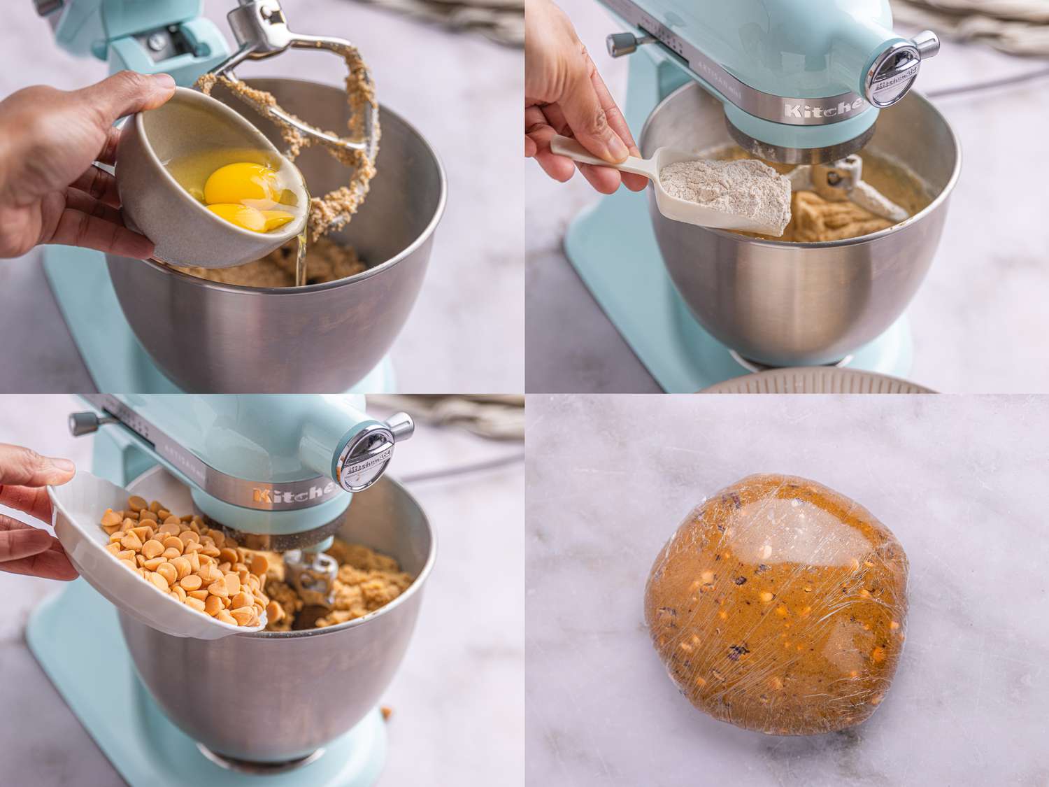 4 image collage. Top left: adding eggs, mixing wet ingredients, Top Right: adding flour in stand mixer. Bottom Left: adding butterscotch. Bottom Right: dough resting in plastic wrap