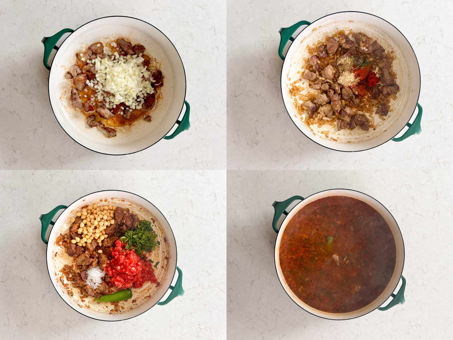 4 image collage. Top left: adding onions to lamb in dutch oven. Top right: adding seasoning to lamb in dutch oven. Bottom left: adding garbanzos, tomatoes, cilantro into dutch oven. Bottom right: pot after cooked together in dutch oven