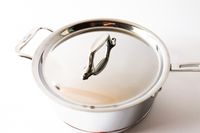 A stainless steel pot with a lid and side handles