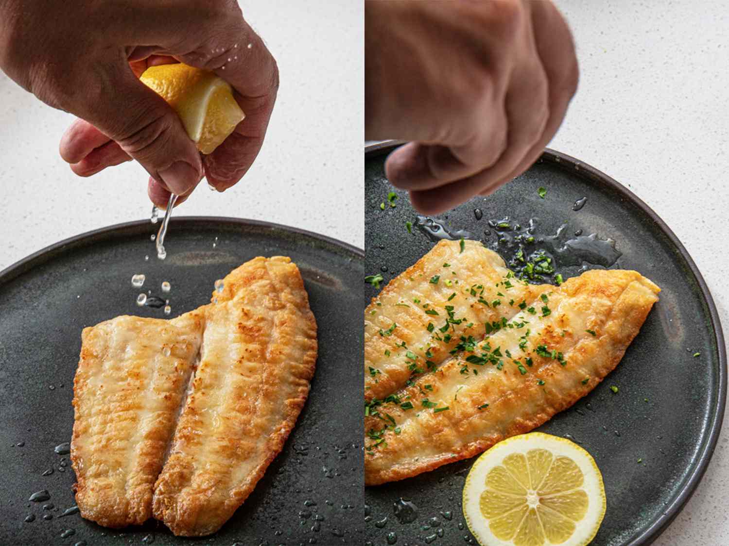 Two image collage: Left: A hand squeezing a lemon over the sole. Right: A hand sprinkling parsley over the sole.