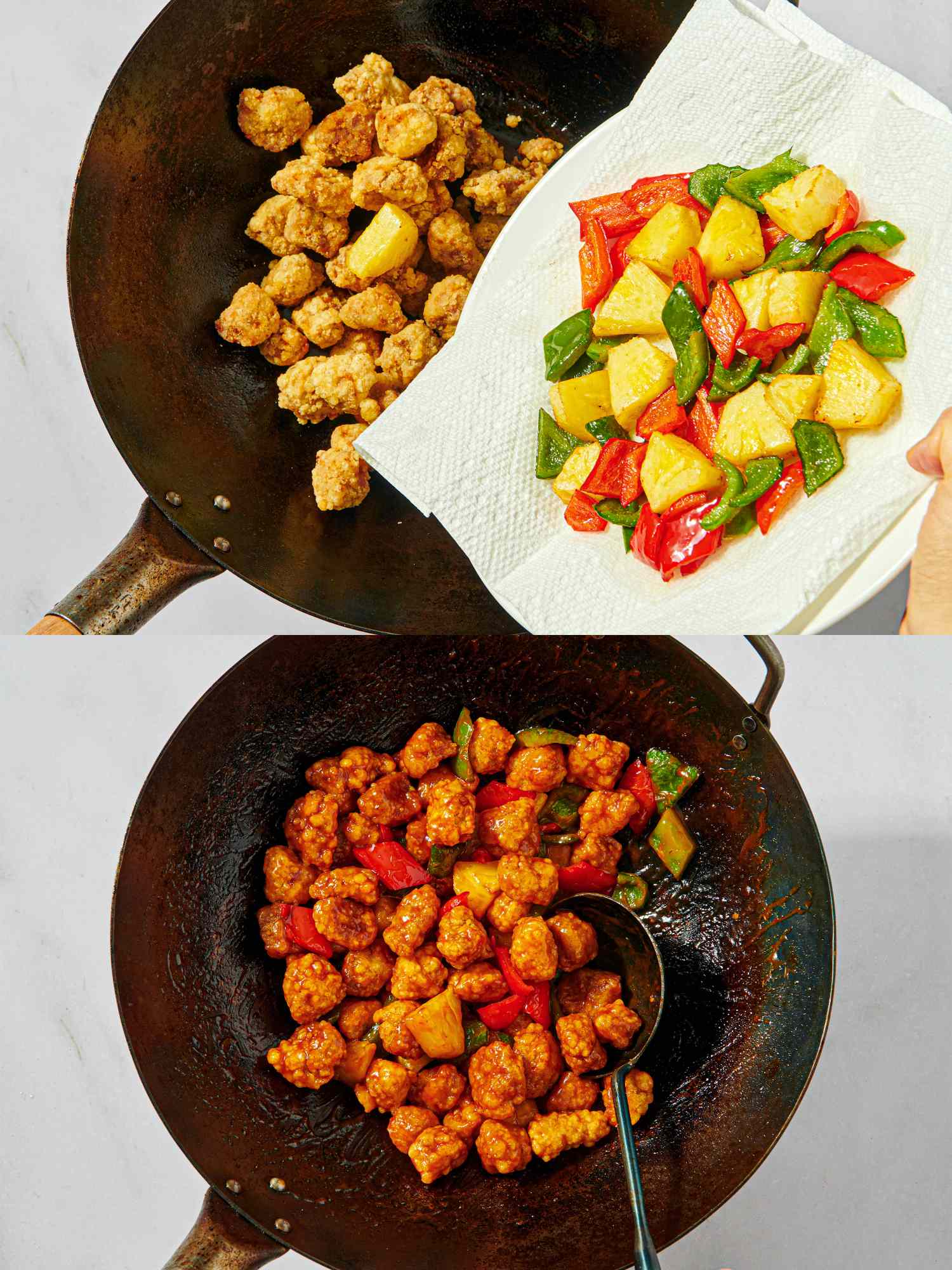 Steps of cooking sweet and sour pork ingredients being prepared in a wok