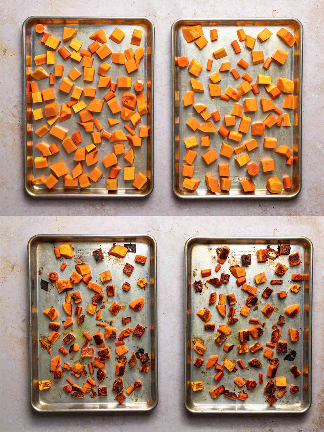 A two-image collage. The top image shows chopped and carrot tossed with olive oil and arranged on 2 rimmed baking sheets, with the vegetables spread out so that they can brown properly. The bottom image shows roasted squash and carrot on rimmed baking sheet after coming out of oven, showing off how theyâre well browned.