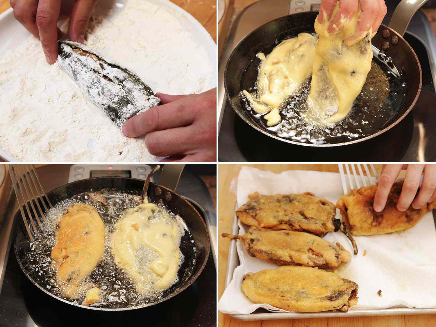 A collage: Rolling the stuffed chile in flour, adding to a skillet of hot oil, frying until the chiles are lightly golden, and transferring the chiles to a towel paper lined plate. 