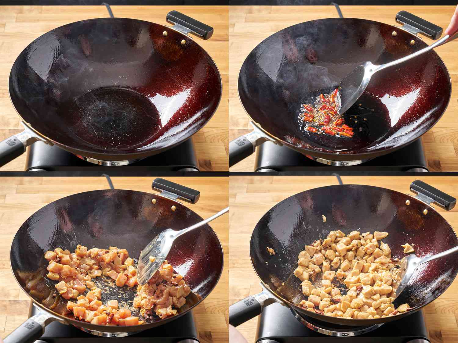 A four-image collage showing chiles being cooked in a smoking wok, with chicken then being added and cooked until no pink remains.