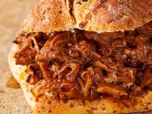 Close-up of slow cooker pulled pork with Dr. Pepper sandwich